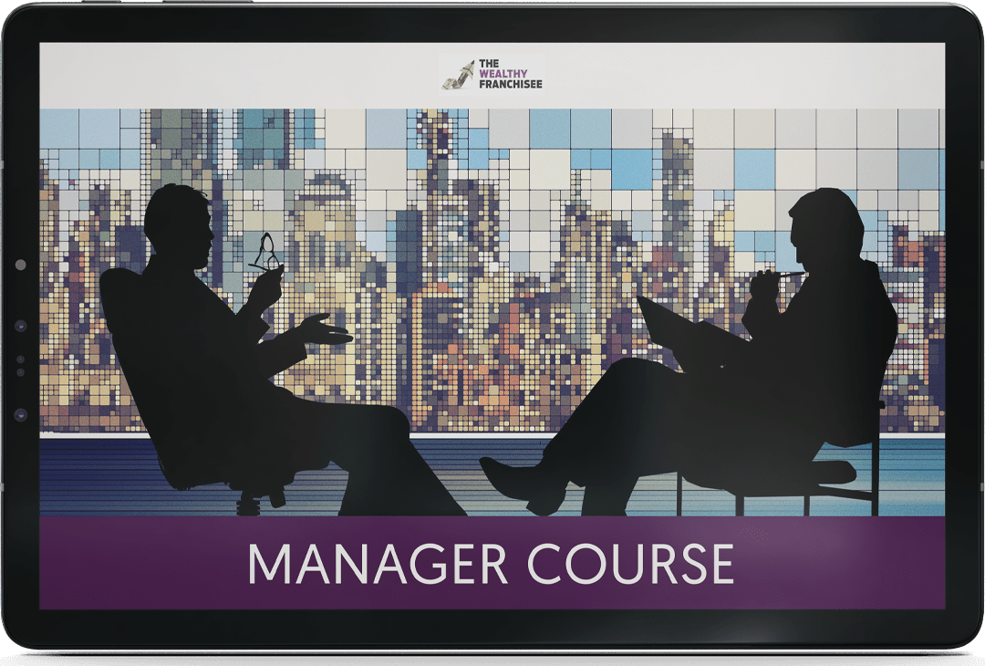 silhouettes of two men sitting in chairs facing each other displaying the title manager course