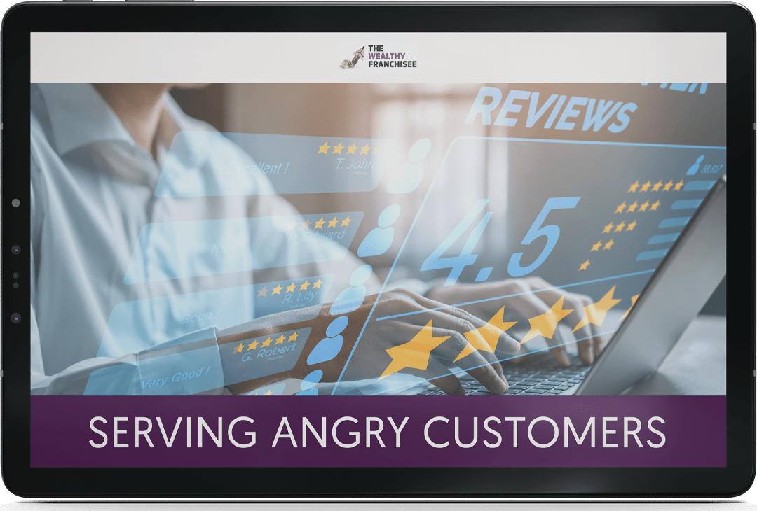 a tablet with digital reviews displaying the title serving angry customers