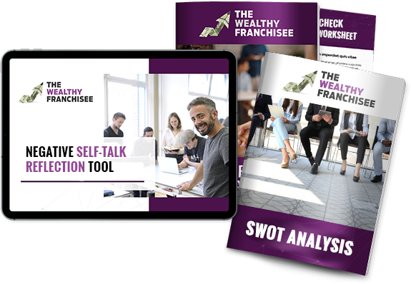 a tablet displaying the negtive self-talk reflection tool plus brochure covers displaying SWOT analysis for module 2