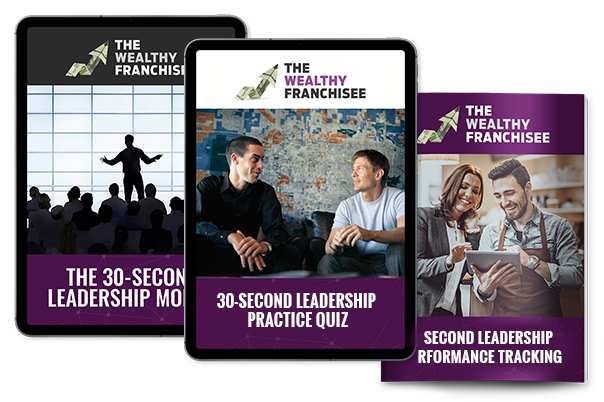 one brochure cover and two tablets displaying module 4 content for the wealthy franchisee program