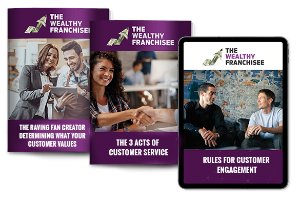 two brochure covers and a tablet displaying module 5 content for the wealthy franchisee program
