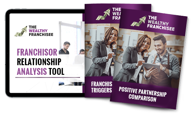 two brochure covers and a tablet displaying module 6 franchisor relationship analysis tool